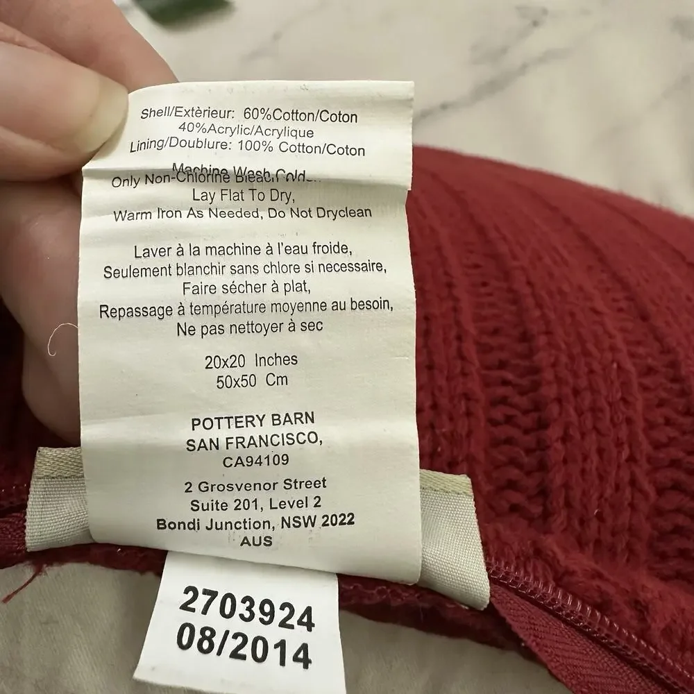 Pottery Barn Sweater Knit Throw Pillow New Red Cover Down Fill Insert 20x20